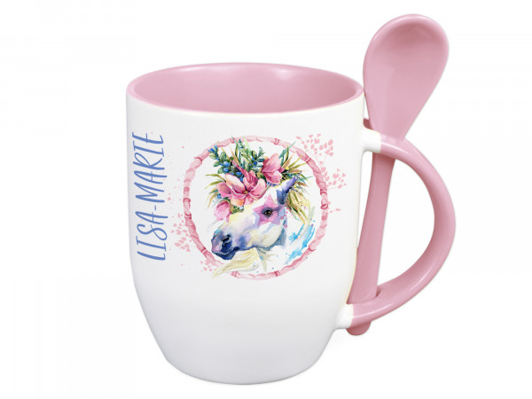 Tasse mit Löffel und Wunschnamen mit Einhorn