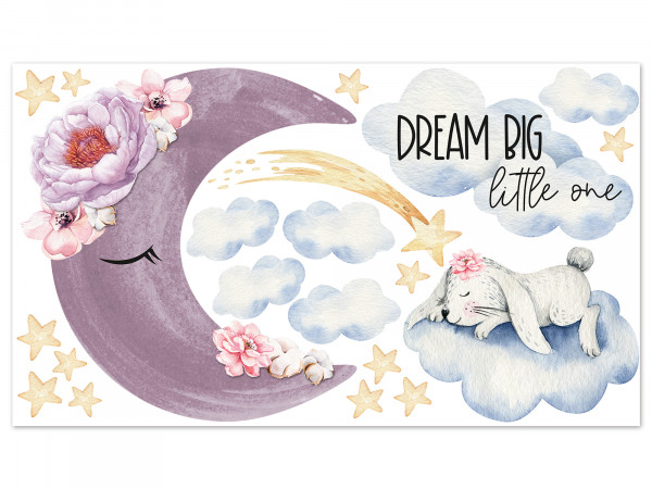 Wandtattoo Kinderzimmer, Hase im Himmel mit Mond und Spruch