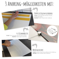 Vorschau: Spritzschutz aus Glas und die 3 Anbring - Möglichkeiten. Kleberband, Klemmhalter oder Montagekleber Vorschau: Spritzschutz aus Glas und die 3 Anbring - Möglichkeiten. Kleberband, Klemmhalter oder Montagekleber