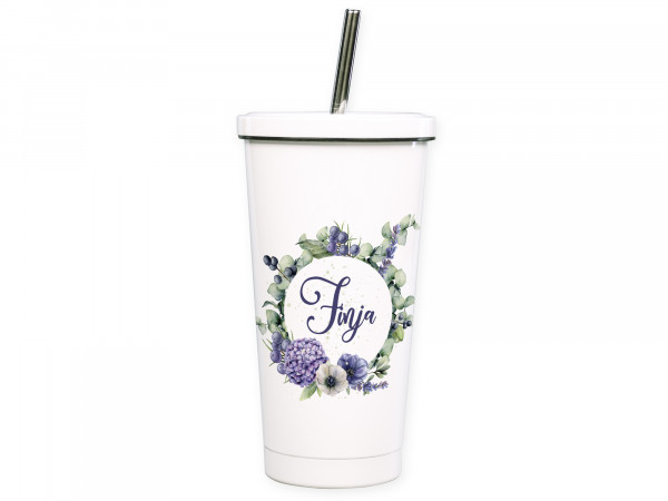 Cocktailbecher Smoothiebecher personalisiert mit Namen und Blumenkranz