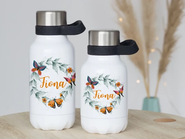 Thermosflasche mit Henkel - Schmetterlinge Blumenkranz