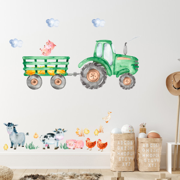 Wandtattoo Traktor Für Kinderzimmer - Personalisierbar 76x57cm Bauernhof Design