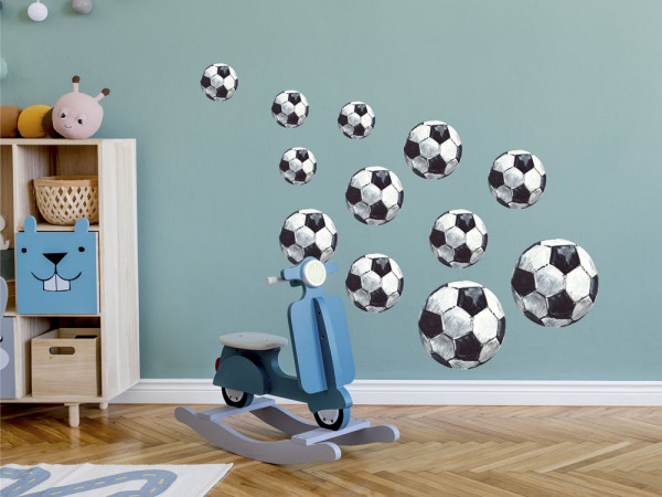 Wandtattoo 12 Fussbälle Fussball Kinderzimmer, Wandaufkleber für Jungen, Deko für Babyzimmer Baby Jungenzimmer Jungs, Aquarell