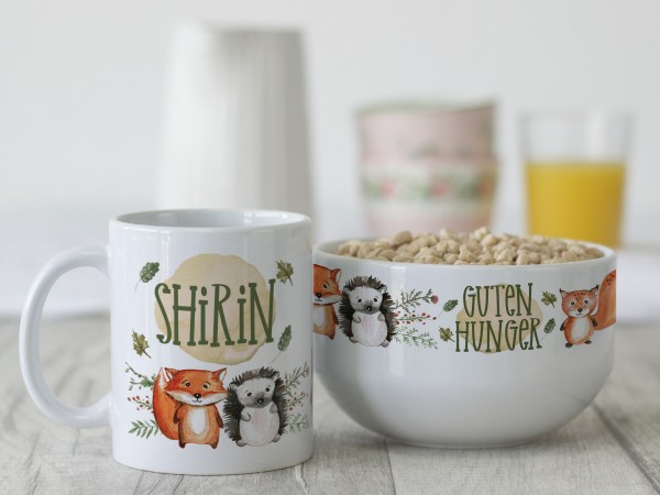 Geschenk-Frühstück-Set mit Müslischale & Tasse Müsli Waldtiere