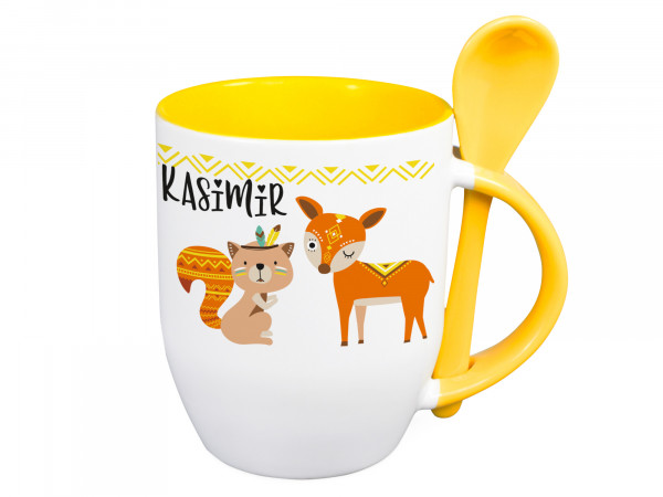 Tasse mit Löffel Name personalisiert und Indianer Tiere