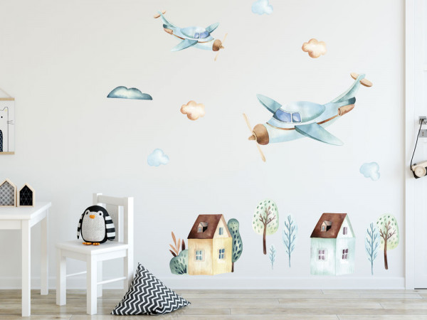 Wandtattoo Flugzeug und Häuser Kinderzimmer, Wandaufkleber Wolken für Jungen, Deko für Babyzimmer Baby Jungenzimmer Jungs, Aquarell