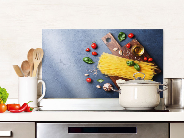 Spritzschutz Küche Glas Pasta mit Tomaten in Grau Spritzschutz Küche Glas Pasta mit Tomaten in Grau