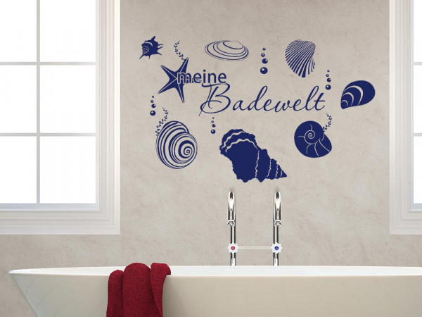 Wandtattoo Badezimmer Schriftzug meine Badewelt mit Muscheln