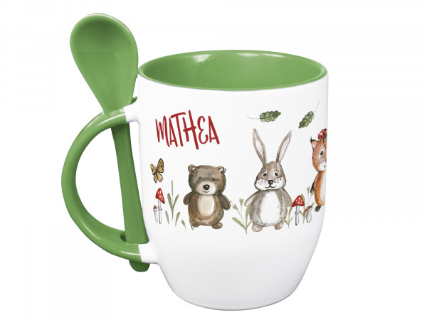 Tasse mit Löffel personalisiert mit Namen und Waldtiere