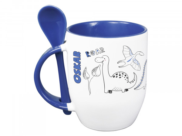 Tasse mit Löffel personalisiert mit Namen und Dinos