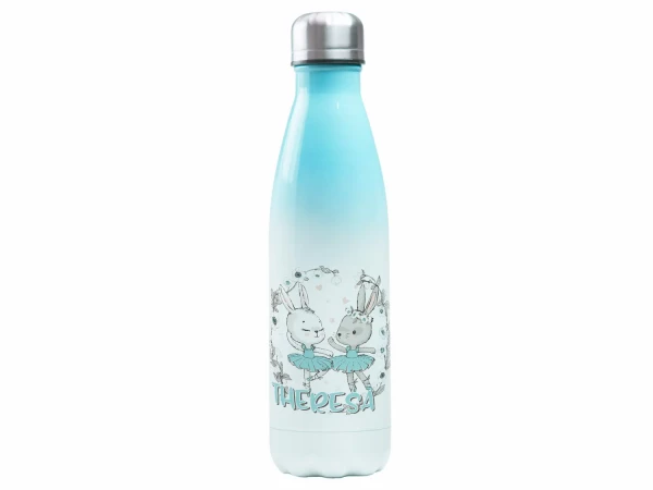 Edelstahl Trinkflasche Blau für Kinder 500 ml - Ballett Hasen Ballerinas - personalisiert mit Namen