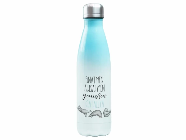 Edelstahl Trinkflasche Blau für Frauen Mädchen 500 ml - Yoga Bären - personalisiert mit Namen
