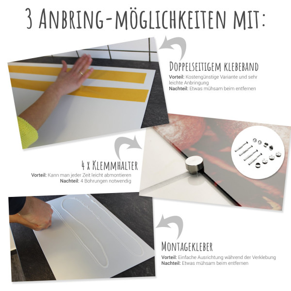 Spritzschutz aus Glas und die 3 Anbring - Möglichkeiten. Kleberband, Klemmhalter oder Montagekleber