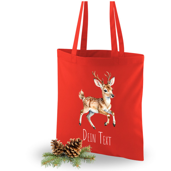 Weihnachtseinkaufstasche Rot mit Reh-Motiv