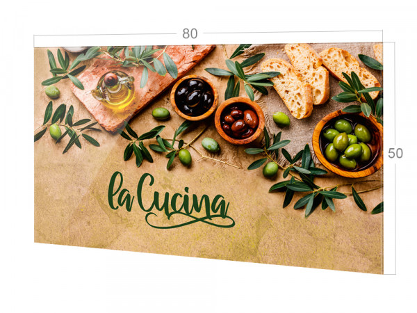 Spritzschutz Küche Glas Spruch La Cucina mit Oliven, braun