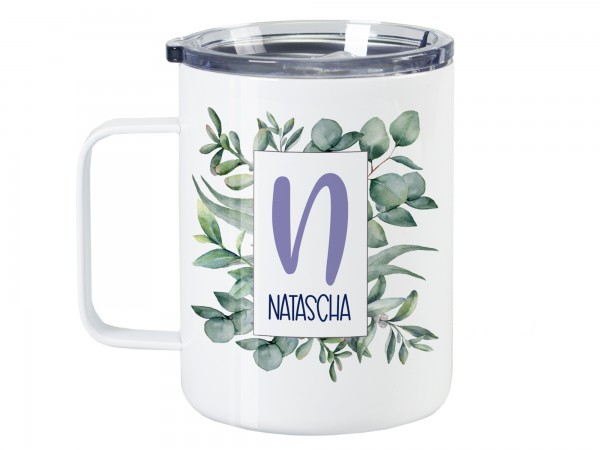 Thermo Tasse Wanderbecher mit Wunschname und Initiale - Eukalyptus