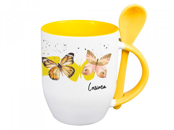 Tasse mit Löffel Name personalisiert mit Schmetterlinge