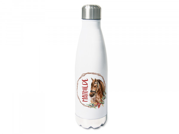 Trinkflasche mit Namen personalisiert Blumenkranz mit Pferd