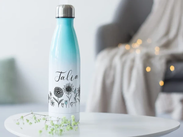 Edelstahl Trinkflasche Blau für Frauen 500 ml - Blumen Abstrakt - personalisiert mit Namen