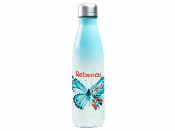 Edelstahl Trinkflasche Blau für Frauen Mädchen 500 ml - Schmetterling - personalisiert mit Namen
