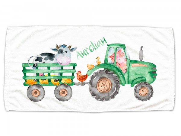 Kinder Handtuch Traktor mit Bauernhof Tieren, mit Wunschname
