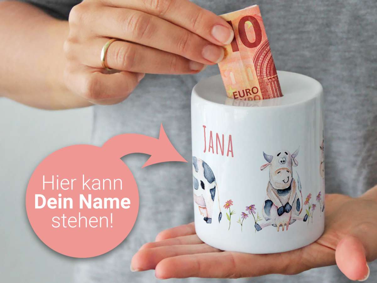 Spardose mit Namen, Lustige Kühe, personalisiertes Geschenk
