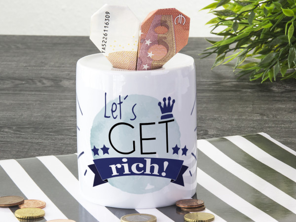 Spardose lustig Let's get rich Geld Geschenk Mitbringsel