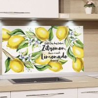 Spritzschutz Küche Herd, Zitronen mit Spruch, Küchenrückwand aus Echtglas